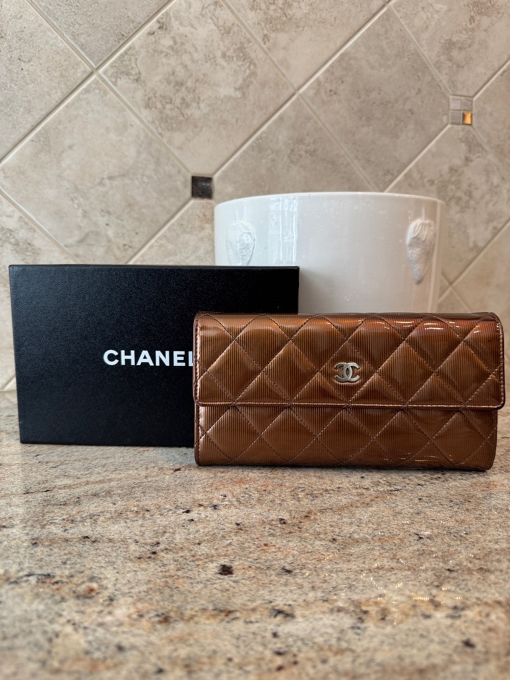 CHANEL Quilted Patent Leather Continental Wallet - Bronze Brown - Picture 2 of 11
